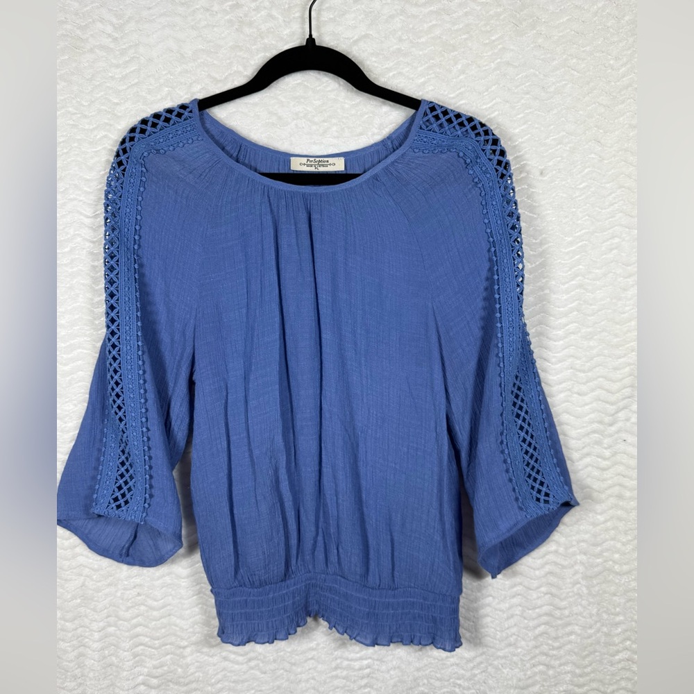 Perseption Blue Crochet Sleeve Blouse. Size PL.